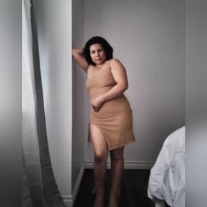 Angel Fahions Chic Asymmetrical Tan Dress Sz M